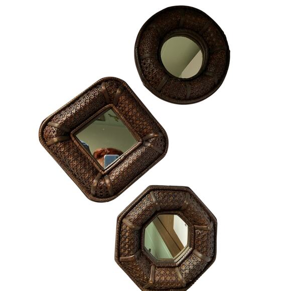 Vintage 3 Rattan Vintage Galley Mirrors 10” Dark Brown Coastal Beach Boho - Picture 1 of 7